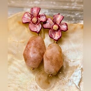 Handpainted Pink Flower & Natural Morganite In Chunky Gold Plated Earrings